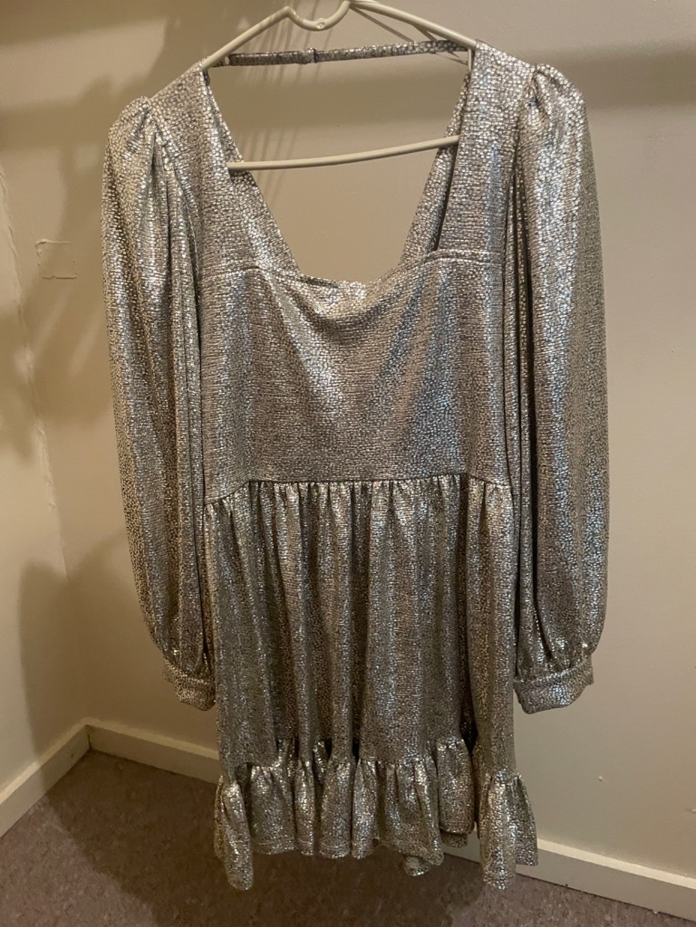 Skies Are Blue Silver Metallic Long Sleeve Mini Dress